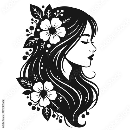 Woman side profile with long hair decorated with flowers and berries floral design