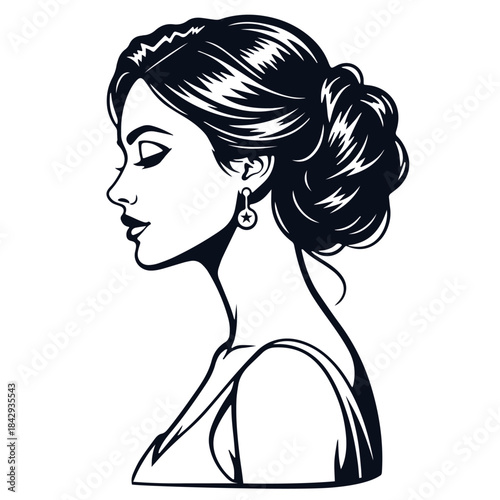 Young elegant woman profile with updo hairstyle and star earring minimal line art
