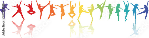 Vibrant Row of Dancer Silhouettes in a Full Rainbow Gradient with Reflections, Symbolizing Diversity, Movement, Freedom, Art, and Expressive Joy on a White Background.
