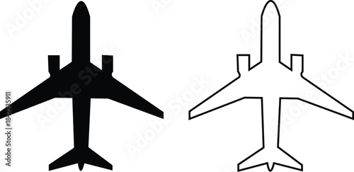 Black airplane icon set in flat and line style, aviation silhouette collection featuring jet, aircraft and flight symbol group, minimal monochrome transport vector illustration pack with synonym eleme