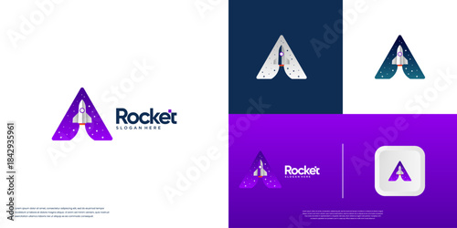 Rocket logo launching with a futuristic style, space explorer, flight, graphic design template.