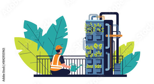 A construction worker caring for a vertical garden on a building balcony with green plants on a
