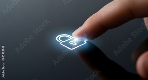 Finger pressing glowing security padlock icon on a digital touchscreen interface, symbolizing cyber protection and private data access.