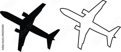 Black airplane icon set in flat and line style, aviation silhouette collection featuring jet, aircraft and flight symbol group, minimal monochrome transport vector illustration pack with synonym eleme