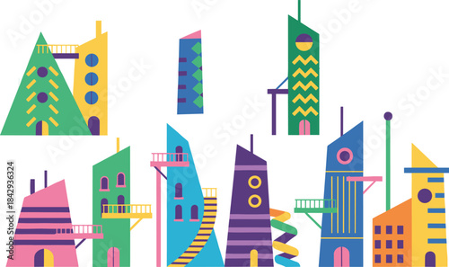 Vibrant Set of Abstract Futuristic City Skyline Buildings with Geometric Shapes and Bright Colors, Representing Modern Architecture, Technology, Innovation, and Urban Development.