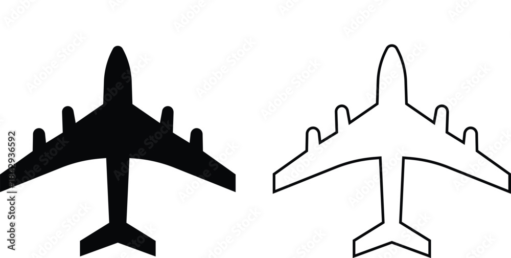Fototapeta premium Black airplane icon set in flat and line style, aviation silhouette collection featuring jet, aircraft and flight symbol group, minimal monochrome transport vector illustration pack with synonym eleme