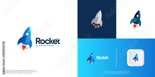 silhouette of a flying rocket logo, modern technological innovation, research, graphic vector illustration.