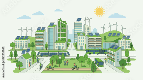 Sustainable eco city landscape. Green energy urban concept. Solar panels wind turbines. Smart environment ecology. Renewable power. Electric transport. Future infrastructure vector.