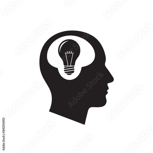 Black Silhouette of Human Head with Light Bulb Idea on White Background
