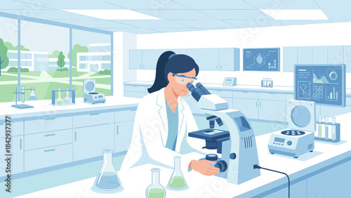 Scientist looking through microscope in modern laboratory. Female researcher. Science research concept. Medical analysis. Flat vector illustration. Biotechnology. Biology.