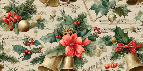 Opulent Christmas pattern featuring holly, gold bells, a red flower, and sheet music arranged lavishly on a rich vintage background for luxury fabrics and holiday wallpapers