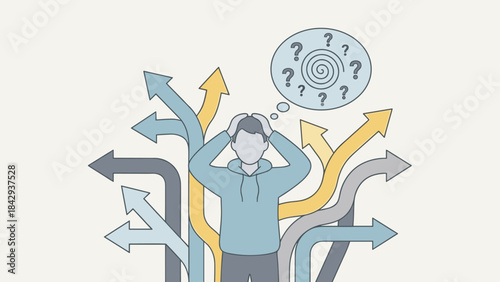 Confused person choosing direction. Decision making dilemma. Lost man looking at multiple arrows. Business strategy choice. Uncertainty concept. Vector illustration. Problem solving.