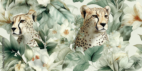 Elegant pattern featuring realistic cheetah faces among lush white and pale green tropical flowers and leaves for sophisticated fabrics, wallpapers, and luxury packaging