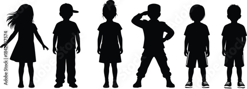 Black silhouette children standing pose set with diverse hairstyles, outfits, and gestures for lifestyle, education, and design themes.