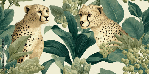 Elegant pattern featuring realistic cheetah faces among lush white and pale green tropical flowers and leaves for sophisticated fabrics, wallpapers, and luxury packaging