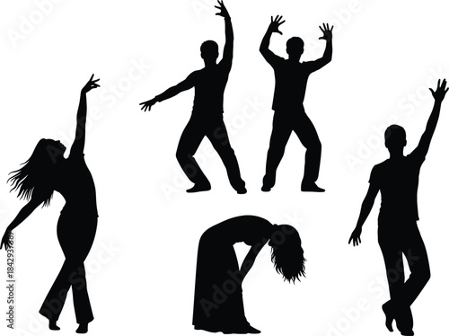 Black silhouette dance pose set with expressive movement, raised arms, and flowing hair for rhythm, motion, and lifestyle design.