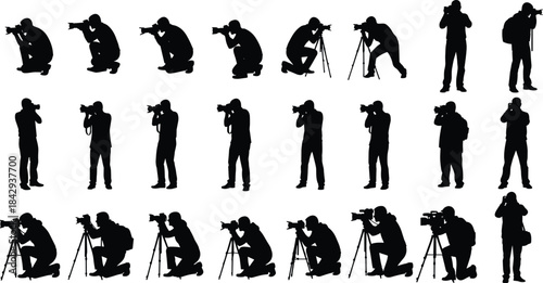 Black silhouette photographer pose set with cameras, tripods, and gear for creative, educational, and lifestyle design themes.