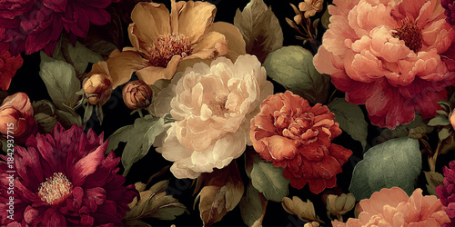 Dramatic floral pattern showcasing large, intricate dahlias, peonies, and roses in jewel tones of burgundy, coral, and cream on a dark background for design, fabrics, and exclusive stationery