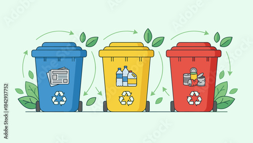 Recycling bins waste segregation set. Blue paper yellow plastic red metal containers. Eco friendly garbage management. Trash separation. Green leaves ecology. Sustainable reuse.