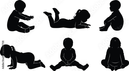 Black silhouette toddler pose set with sitting, crawling, and lying positions for early childhood, lifestyle, and educational design.