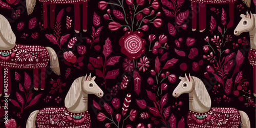 Folk art pattern of stylized ornamental horses and blooming red floral elements on a deep burgundy background for home decor, fabrics, and traditional design