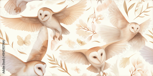 Ethereal watercolor pattern of barn owls in flight with pale beige and white foliage on a soft cream background for design, textiles, and calm home decor