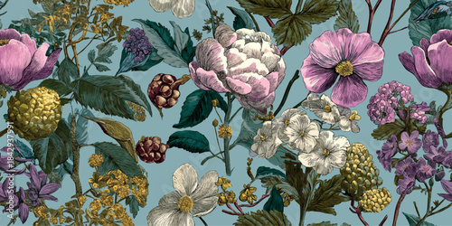 Luxurious floral pattern featuring pink peonies and diverse dark green foliage with yellow and purple accents on a dusty blue background for design, textiles, and elegant wallpapers