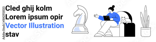 Remote work, productivity, strategy, decision-making, creative thinking, home life. Person sitting on sofa with laptop, chess knight nearby. Remote work and strategy concept