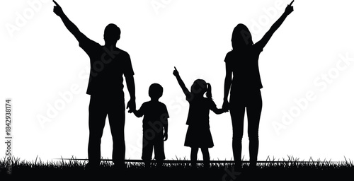 Happy Family Silhouette Standing on Grass Meadow, Parents and Two Children Holding Hands Pointing Upwards Towards Sky, Celebrating Freedom Future Together
