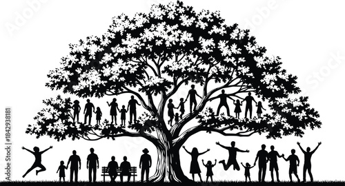 Black silhouette family tree illustration with people in branches and around tree for unity, heritage, and community design themes.
