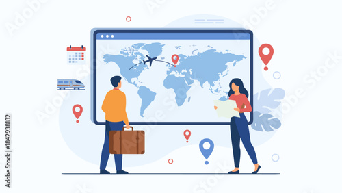 Travel planning concept. Couple looking at world map on screen. Tourists choosing destination. Man with suitcase. Woman with map. Vacation route. Online agency. Global flight path.