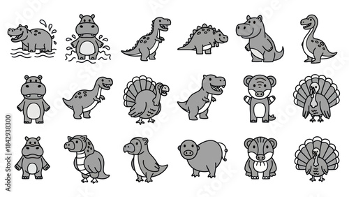 Cartoon animal illustrations dinosaurs hippos and other wildlife