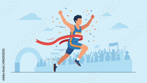 Male runner crossing finish line breaking red tape. Sports success achievement concept. Winner victory celebration. Competition champion racing. Flat vector illustration background.