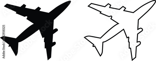 Black airplane icon set in flat and line style, aviation silhouette collection featuring jet, aircraft and flight symbol group, minimal monochrome transport vector illustration pack with synonym eleme