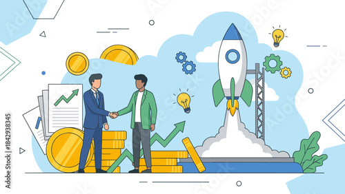 Startup funding concept. Business men shaking hands. Investor and entrepreneur partnership agreement. Rocket launch success. Venture capital investment deal. Growth financial strategy