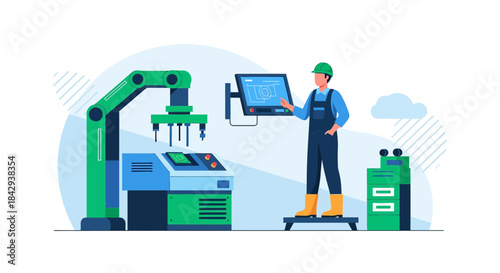 Automated industrial manufacturing process illustration showcasing worker interacting with