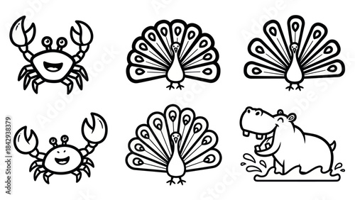 Cartoon animal illustrations crab peacock hippo isolated on white background