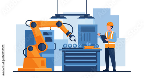 Automated production line featuring robotic arm with quality control and assessment