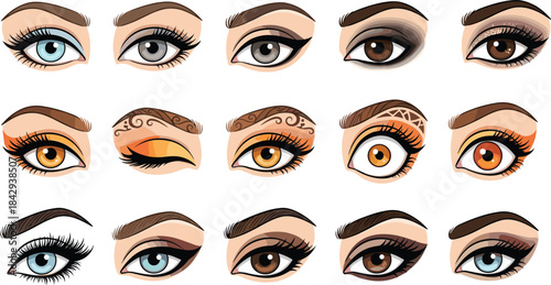Stylized eye illustrations with diverse iris colors, makeup designs, eyebrow shapes, and lash styles for fashion, beauty, and character design references