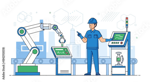 Automated production line with robotic arm and factory worker in hard hat overseeing process