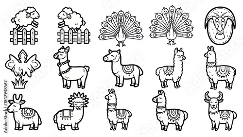 Cartoon animal collection illustrations sheep peacock llama goat designs