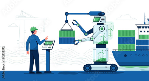 Automated shipping port with eco-friendly robots and renewable energy integration for green