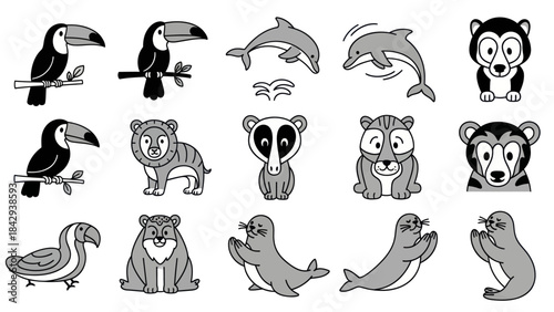 Cartoon animal illustrations with various species in monochrome graphic design