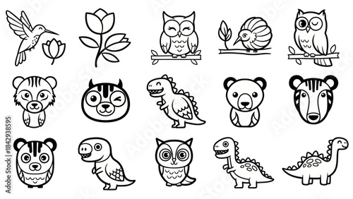 Cartoon animal illustrations with various species in outline style