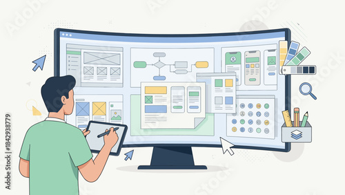 User experience UI UX design concept. Designer creating wireframe and prototype on large screen. Web development app interface workflow. Digital technology. Site planning layout scheme