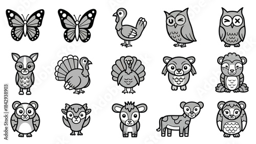 Cartoon animal set butterfly owl turkey deer cow monkey vector illustrations