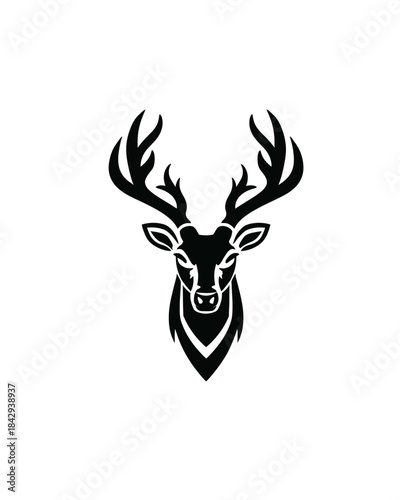 Majestic black deer head illustration with large antlers. Stylized stag vector graphic design element for wildlife and nature concepts.