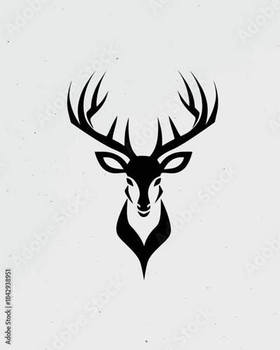 Stylized black silhouette of a deer head with majestic antlers, minimalist stag icon, elegant forest animal design.