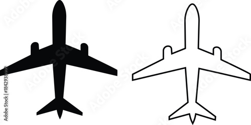 Black airplane icon set in flat and line style, aviation silhouette collection featuring jet, aircraft and flight symbol group, minimal monochrome transport vector illustration pack with synonym eleme