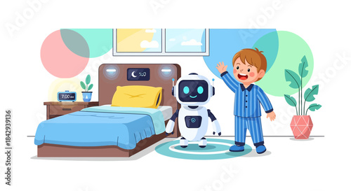 Cartoon illustration depicting a young boy greeting his friendly robot in the bedroom
